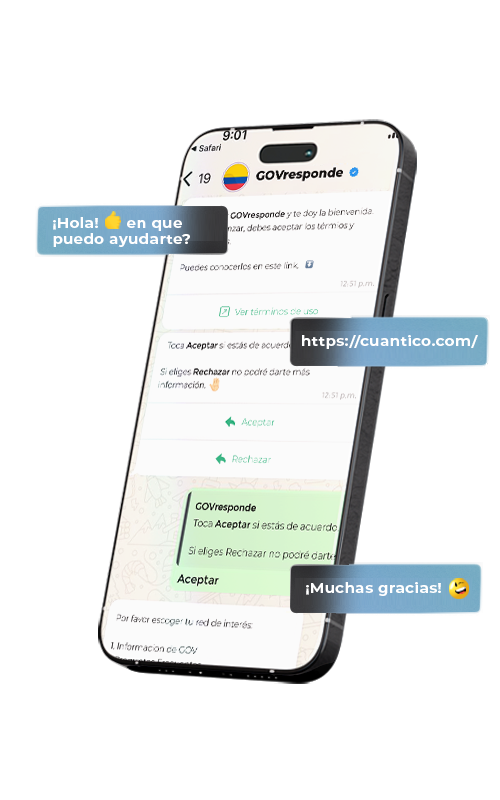 Pantalla de celular con el Asistente Virtual GovResponde de Cuántico, automatizando la atención ciudadana