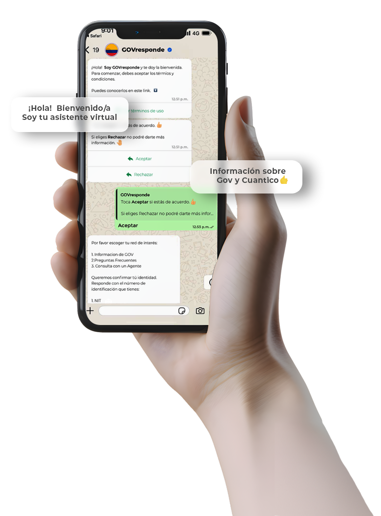 Asistente Virtual GovResponde Cuántico para atención ciudadana desde el celular Interacción con Asistente Virtual GovResponde de Cuántico en dispositivo móvil para atención ciudadana automatizada