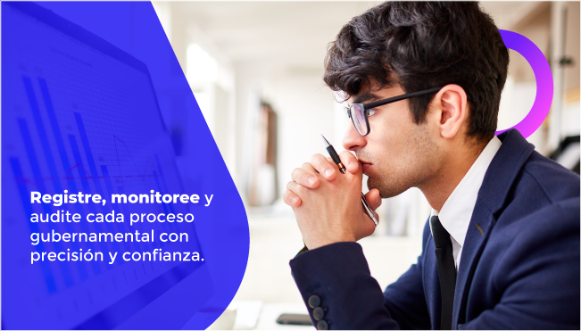 Sistema de trazabilidad para registrar, monitorear y auditar procesos públicos con confianza Profesional analizando procesos gubernamentales apoyado por un sistema de trazabilidad eficiente y confiable