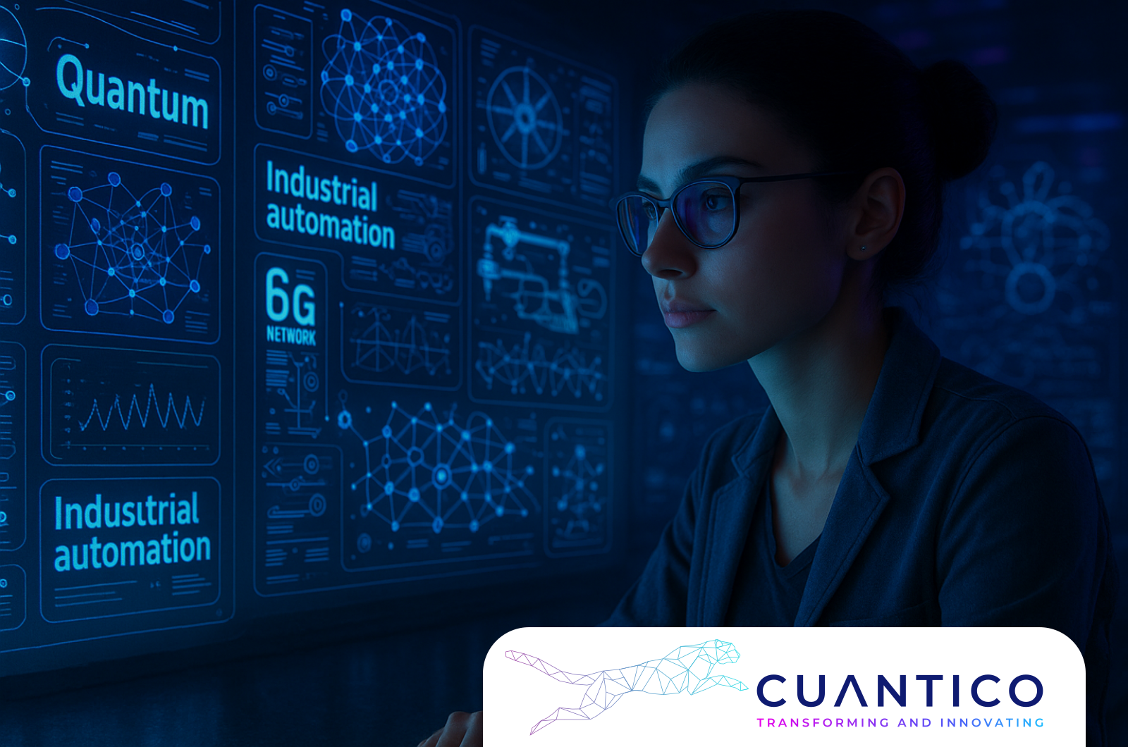 Inteligencia Artificial 2030: Automatización industrial y redes 6G en la próxima década Profesional analizando aplicaciones futuras de la Inteligencia Artificial y 6G en automatización industrial