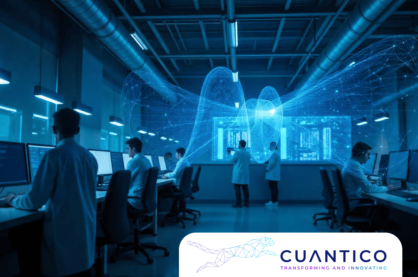 Investigadores trabajando en un laboratorio digital avanzado, visualizando conexiones cuánticas para explorar la tecnología cuántica y su impacto futuro.