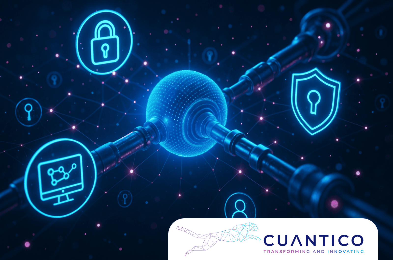 Tecnología cuántica y su impacto futuro en la ciberseguridad global Esquema digital de seguridad con nodos protegidos, ilustrando cómo la tecnología cuántica y su impacto futuro redefinen la protección de datos.