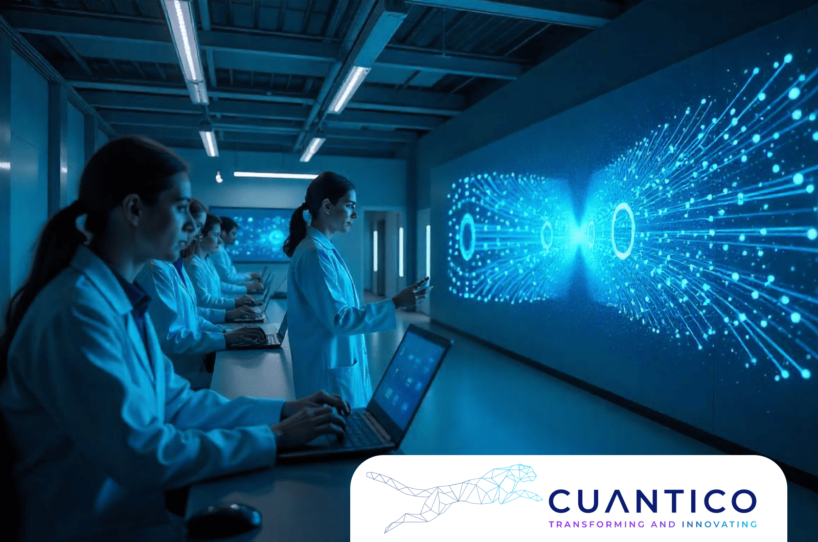 Visualización inmersiva de datos: tecnología cuántica y su impacto futuro Científicos explorando visualizaciones de datos dinámicos en un entorno digital, simbolizando la tecnología cuántica y su impacto futuro en el análisis.