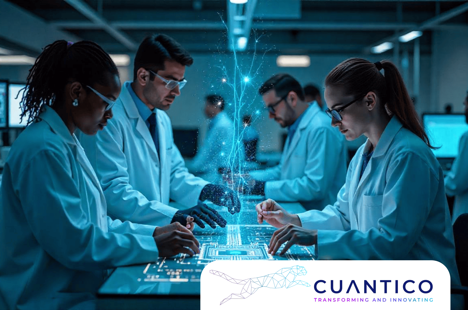 Científicos analizando datos en mesa digital interactiva con visualización de datos en tiempo real, innovación de Cuantico en investigación avanzada con Inteligencia Artificial