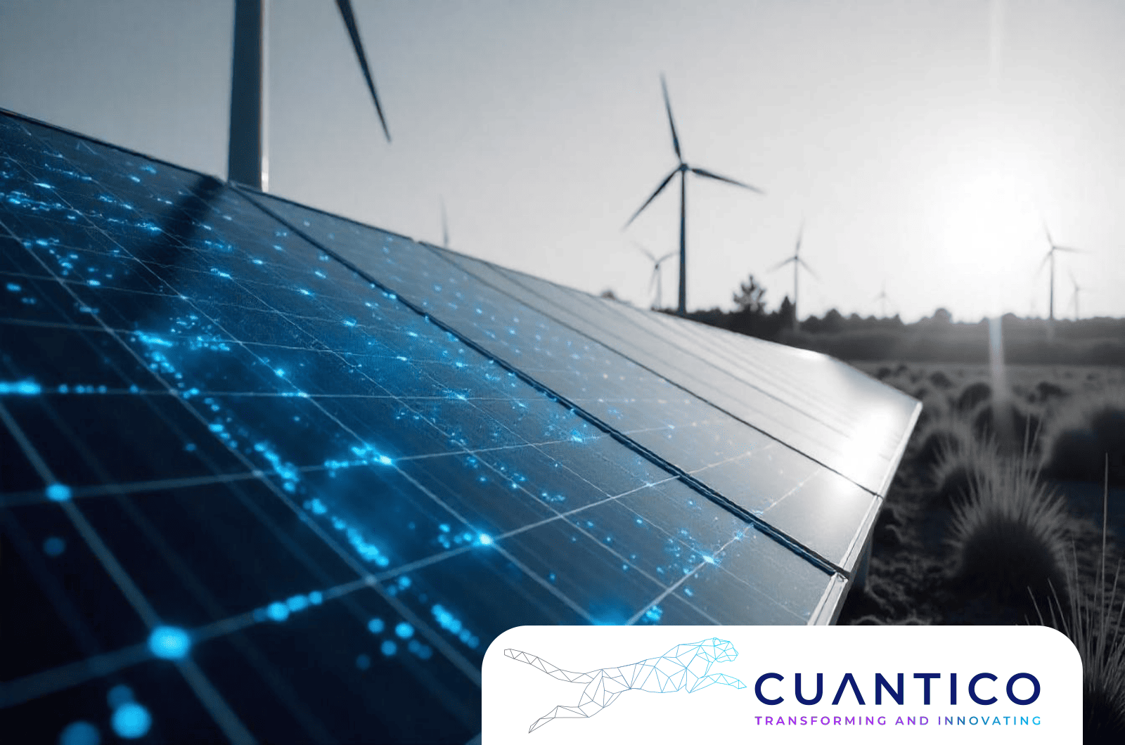 Tecnología cuántica y su impacto futuro en energías limpias Paneles solares inteligentes con sobreposición de datos, reflejando el papel de la tecnología cuántica y su impacto futuro en la sostenibilidad energética.