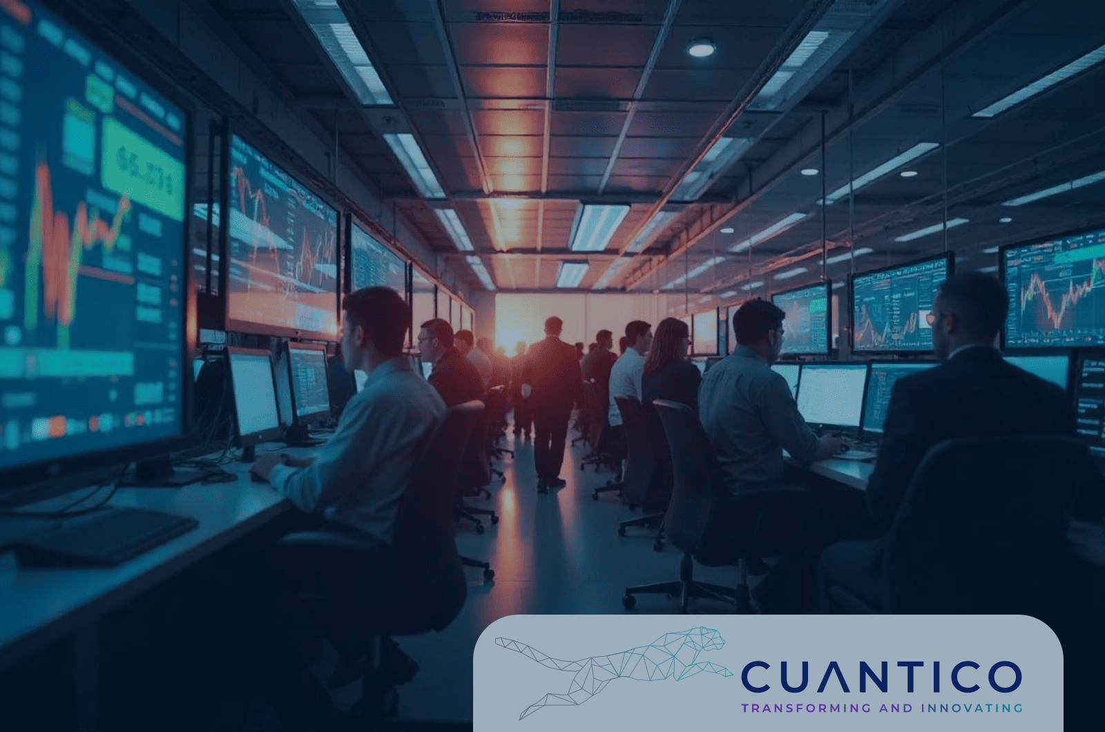 Centros de control inteligente: tecnología cuántica y su impacto futuro en decisiones estratégicas Equipo de analistas monitoreando datos en tiempo real en un centro de control, representando la tecnología cuántica y su impacto futuro en la gestión digital.