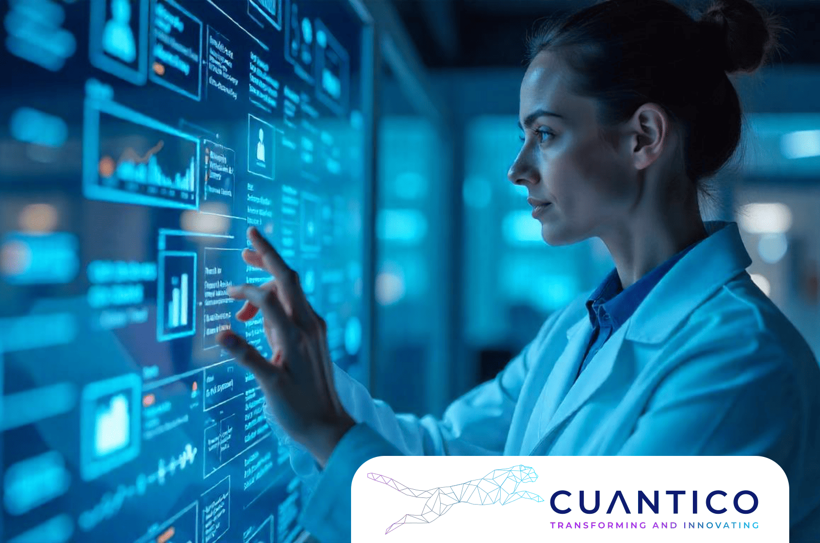 Investigadora usando interfaz de datos con visualizaciones potenciadas por Machine Learning
