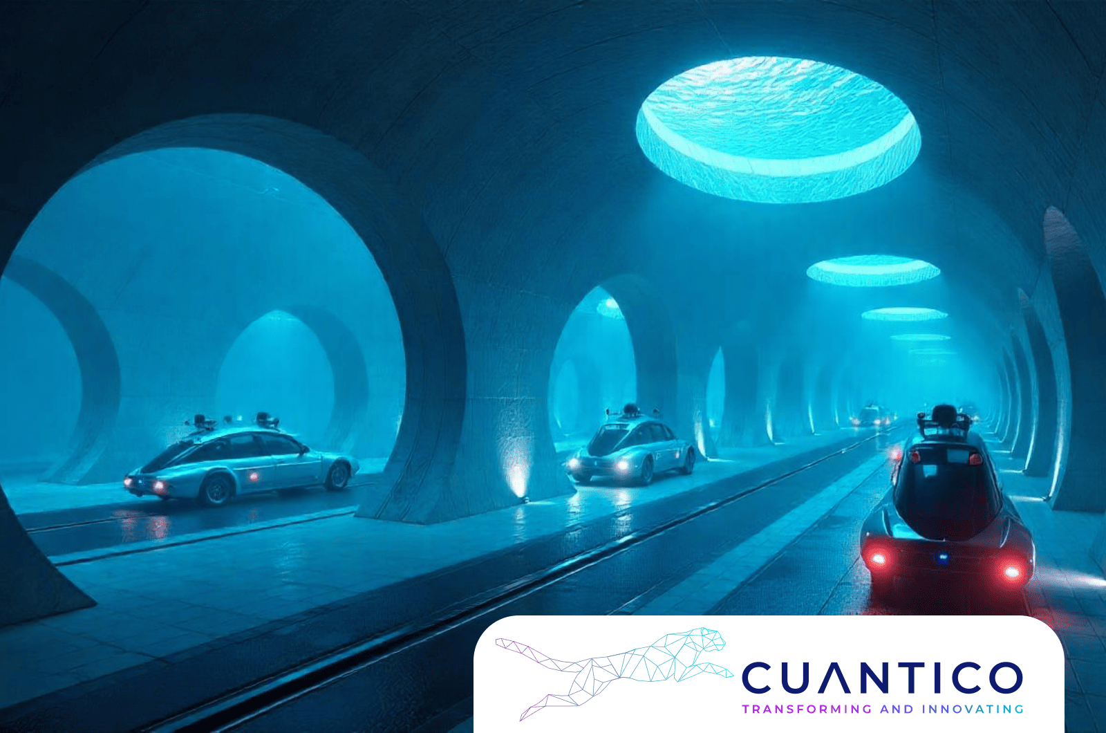 Aplicaciones Machine Learning en transporte: conducción autónoma del futuro Autos autónomos en túnel futurista guiados por algoritmos de Machine Learning