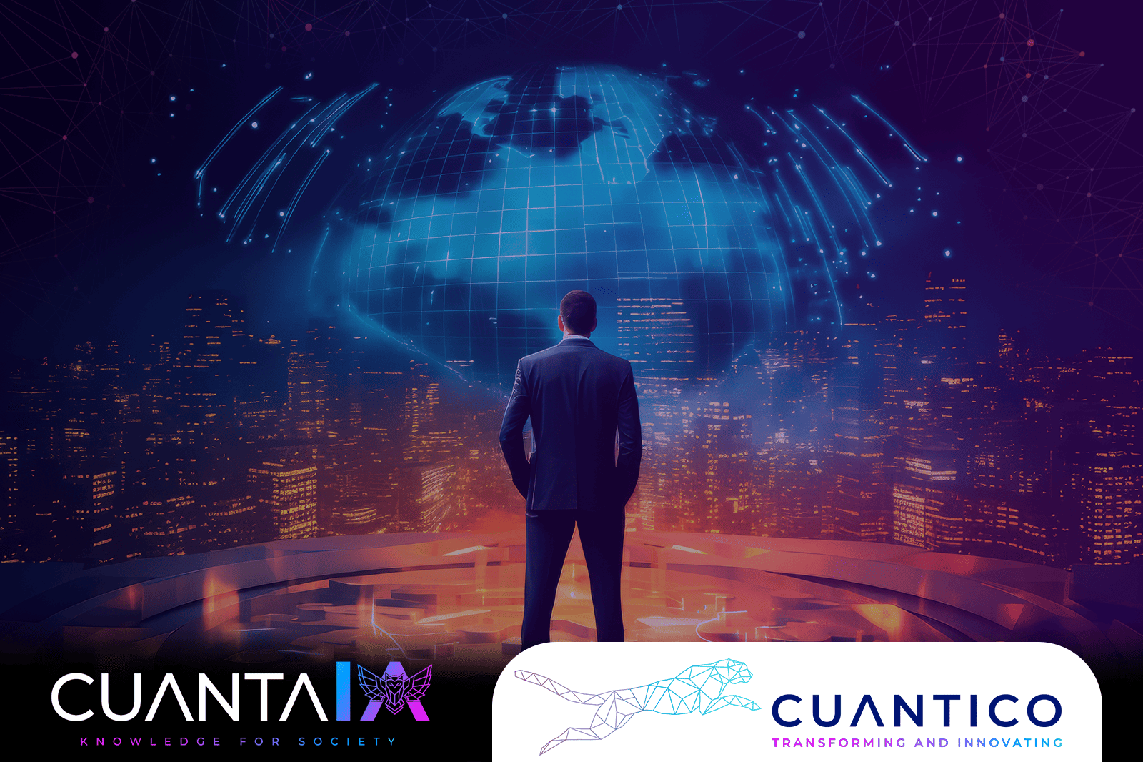 Hombre observando un mundo digital iluminado, representando el liderazgo de Cuantico en transformación digital pública con inteligencia artificial.