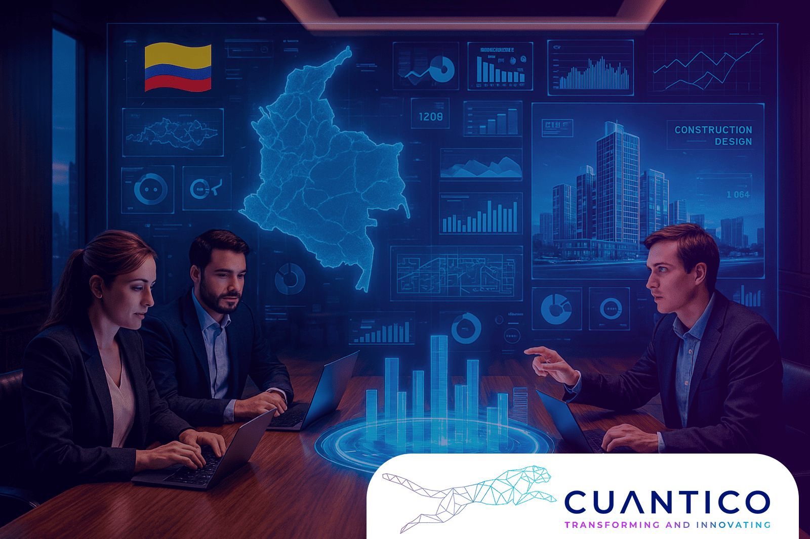 Equipo de analistas trabajando con datos del territorio colombiano aplicando innovación GovTech en Colombia