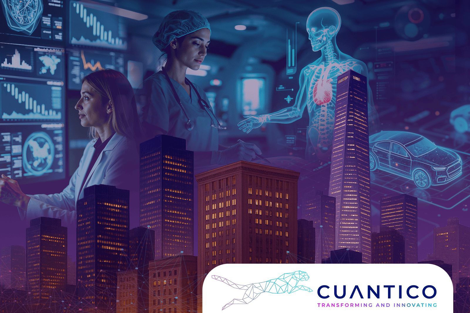 Médicas analizando datos con inteligencia artificial en entorno urbano digital como parte de la innovación GovTech en Colombia