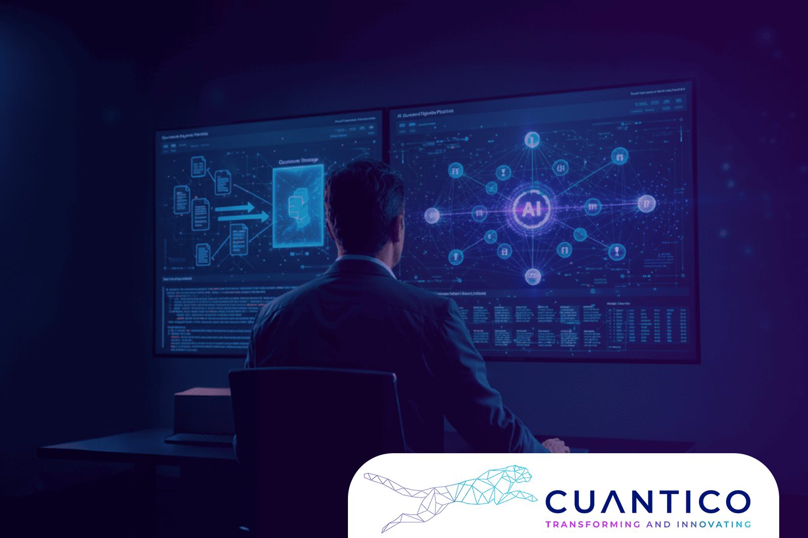 Estudio de inteligencia artificial cuántica: profesional viendo diagramas sobre la influencia de los números cuánticos en la optimización de algoritmos complejos.