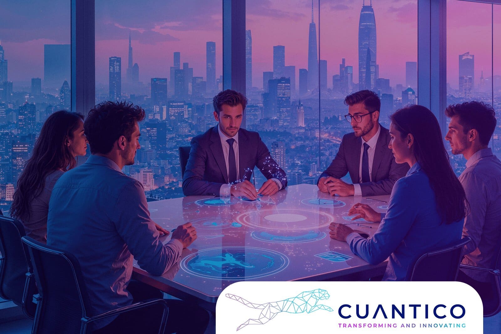 Executives at an interactive table with digital charts, representing the impact of artificial intelligence in Colombia