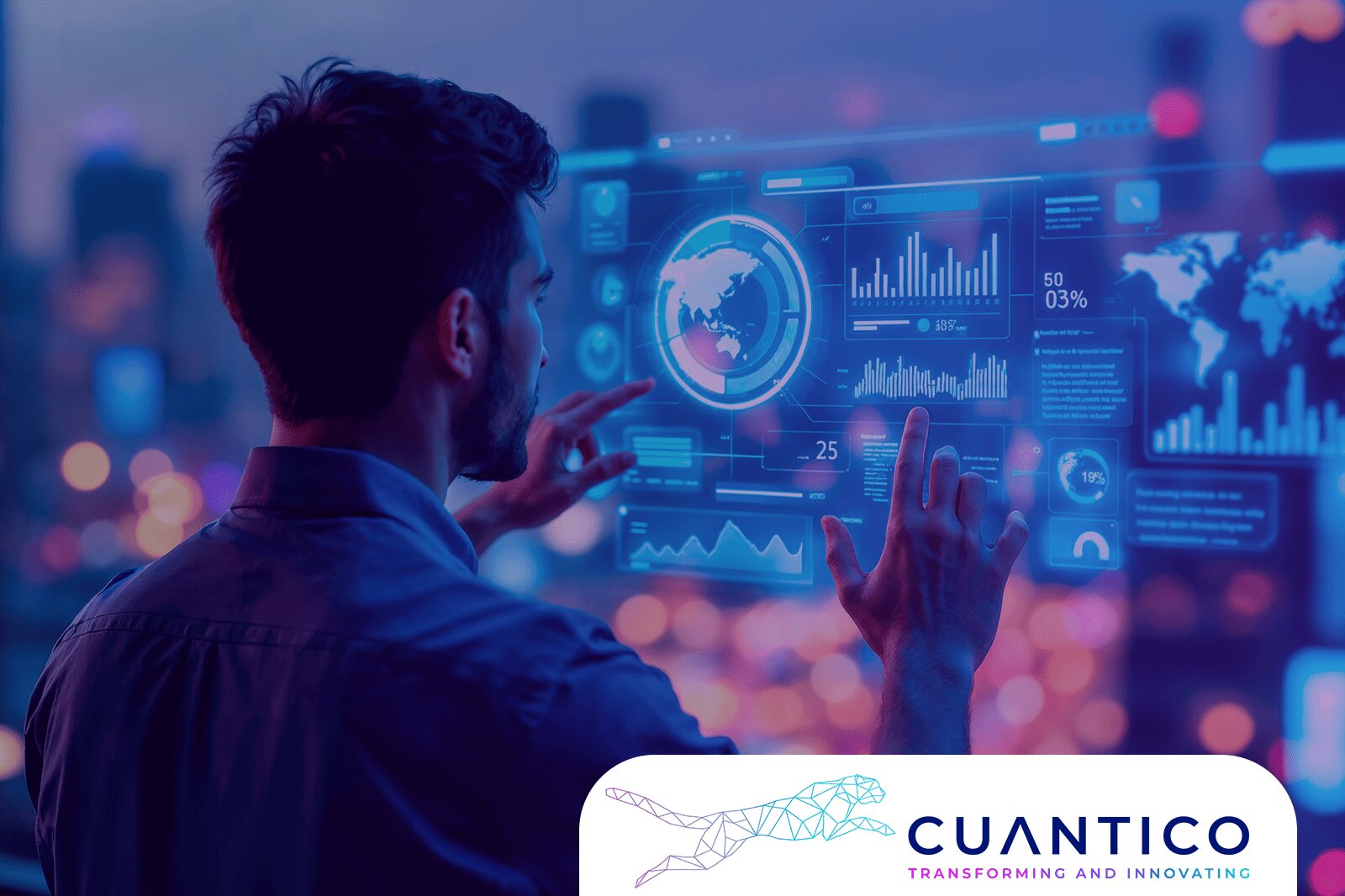 Man interacting with digital data analysis screen representing the impact of artificial intelligence in business