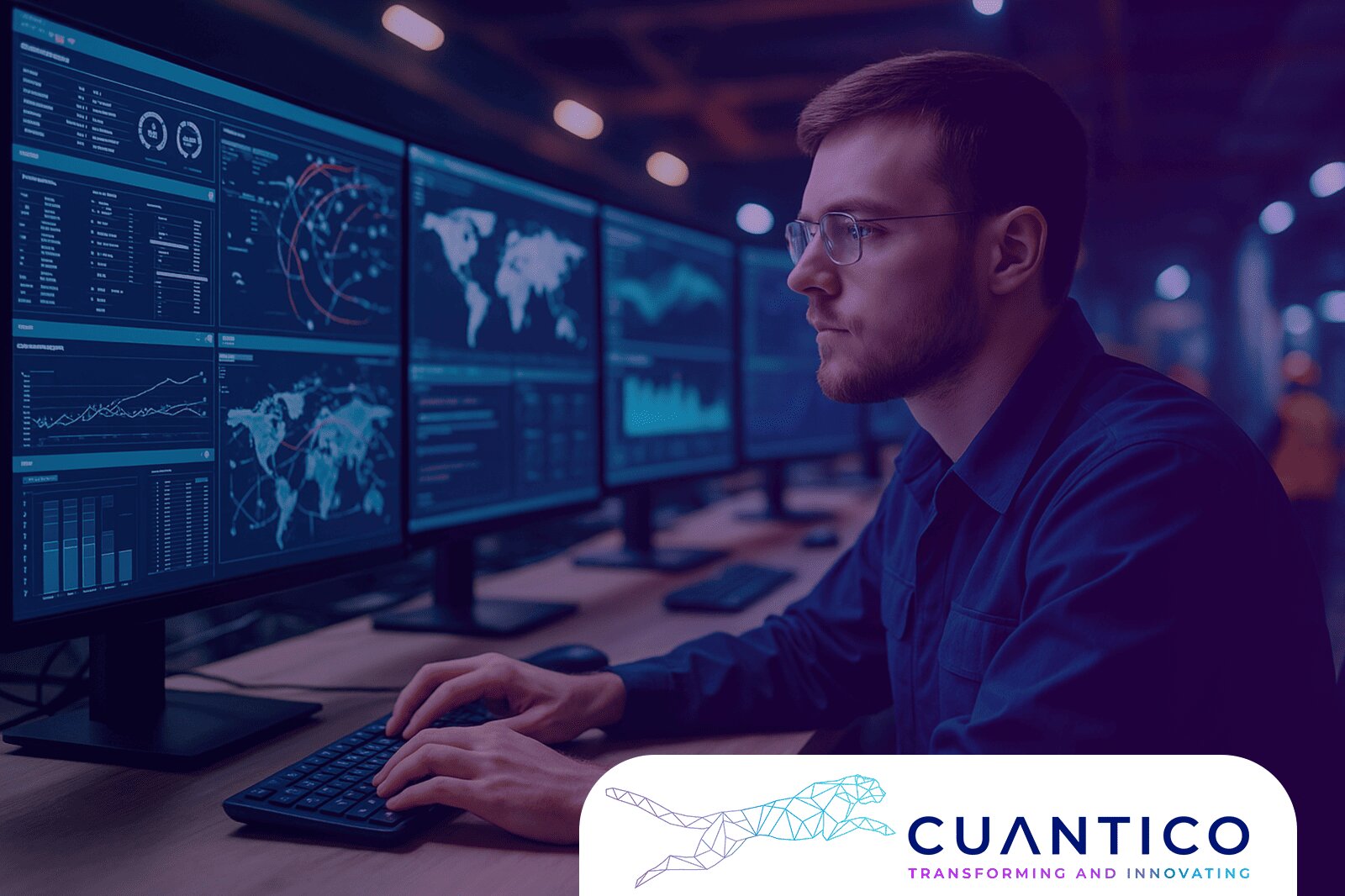 Professional in front of multiple screens with digital data and maps, representing business automation with artificial intelligence