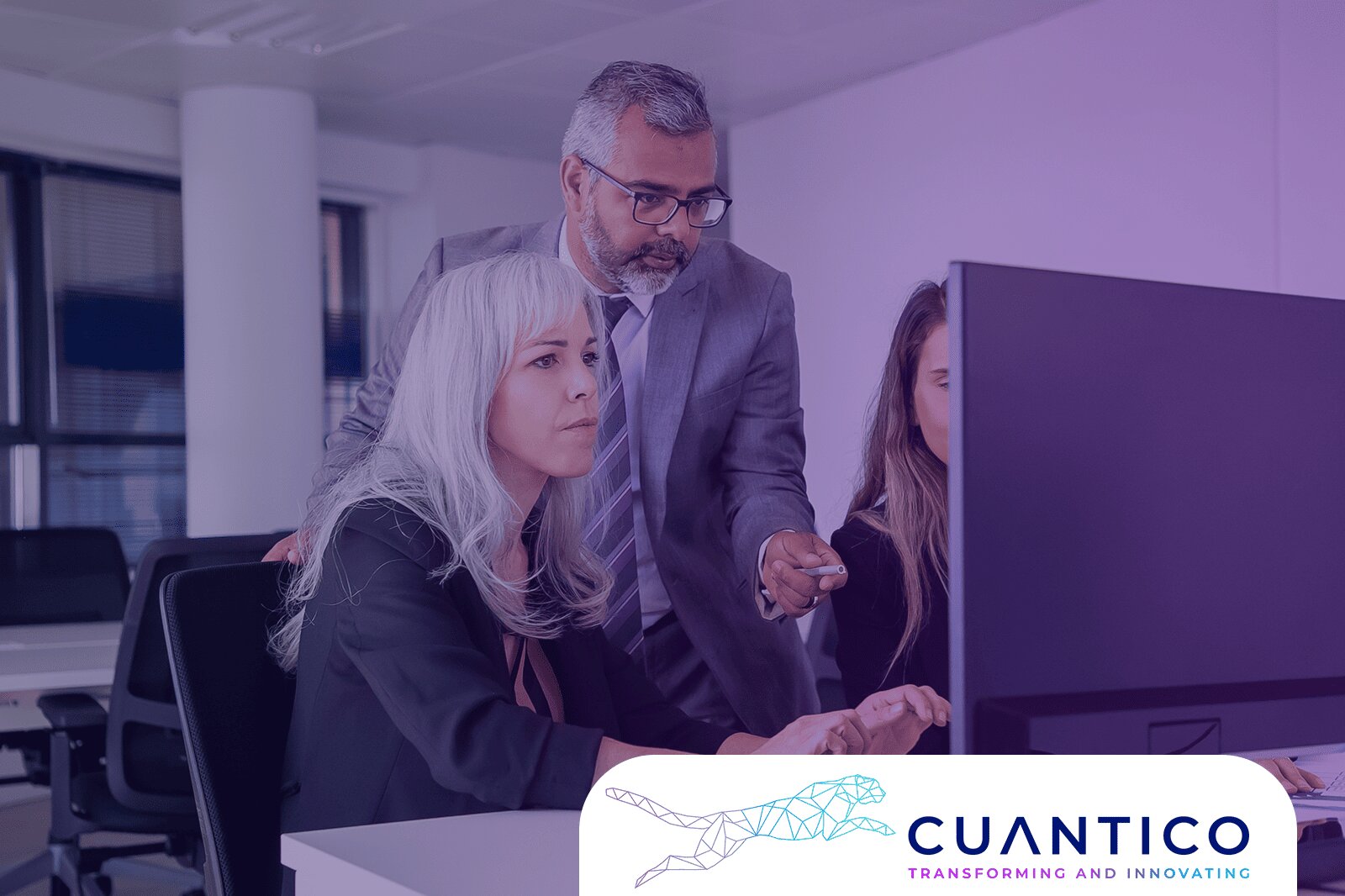 Executives analyzing strategies on a computer, representing MinTIC’s role in Colombia’s digital transformation