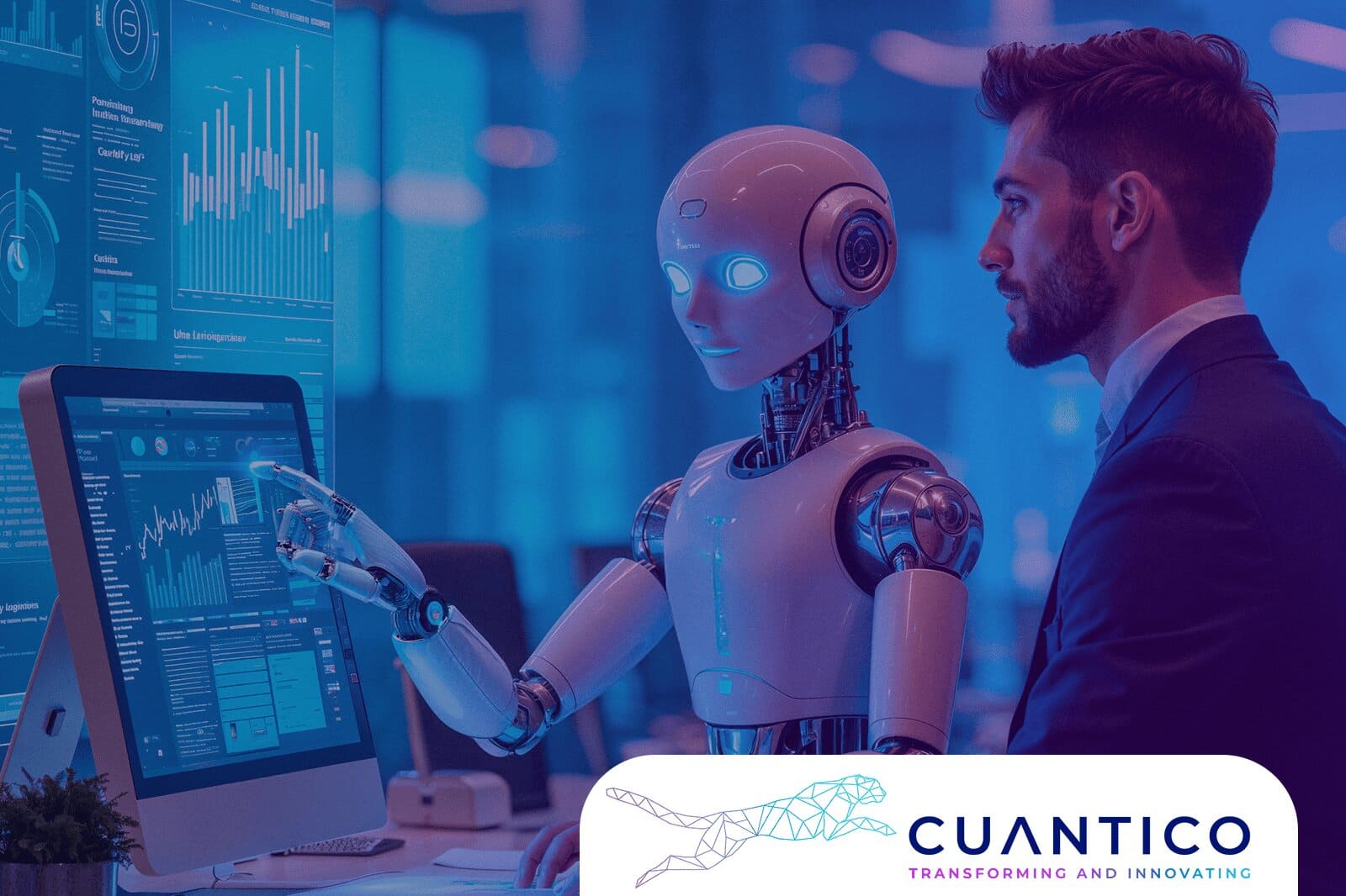 Executive working with a robot analyzing digital data, representing leadership in the era of artificial intelligence
