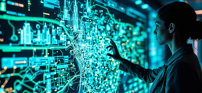 Woman supervising urban infrastructure through a real-time digital traceability system.